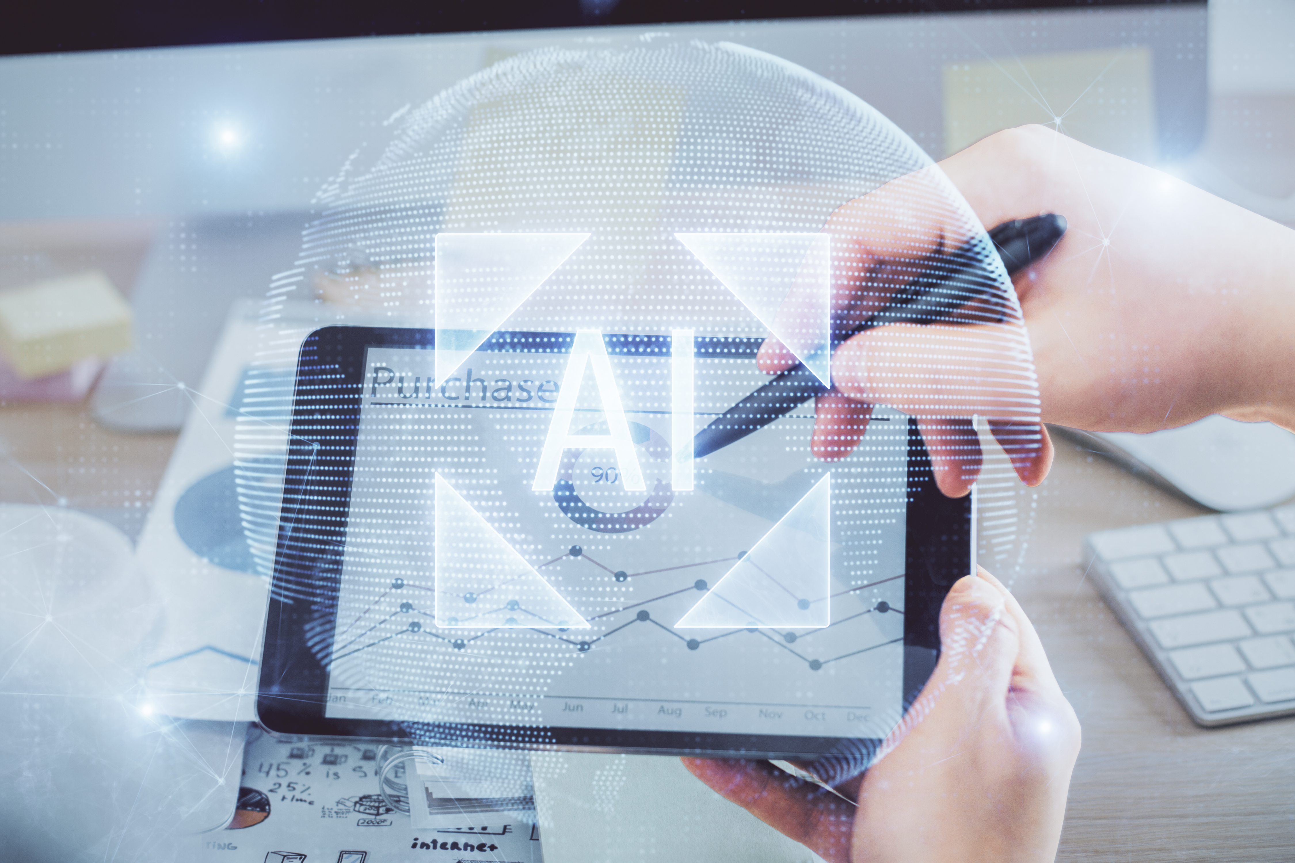 Multi exposure of man's hands holding and using a digital device and data theme drawing. Innovation concept.